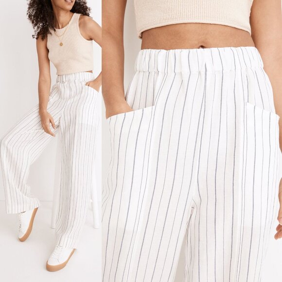Madewell Linen-Blend Pull-On High-Rise Wide-Leg Pants White Navy Stripe XXL $88 - Picture 2 of 16